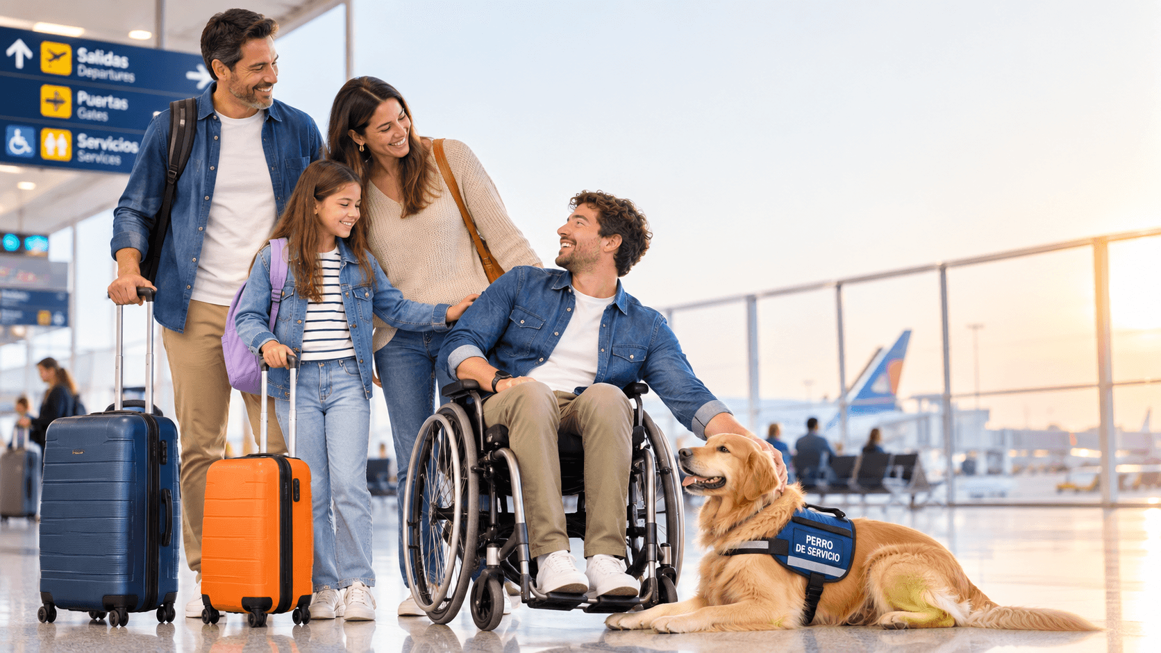 Familia feliz viajando con su perro de servicio en el aeropuerto