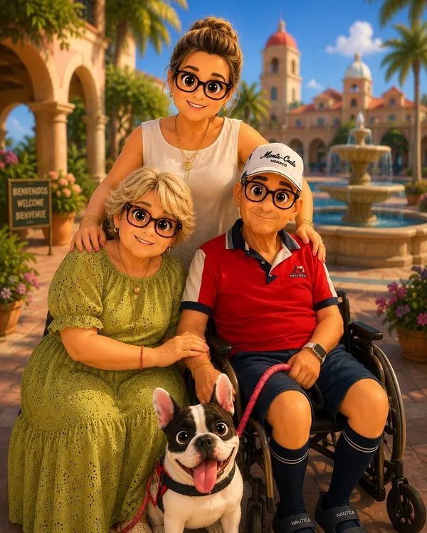 Yadira Suárez, fundadora de AllGo Travel App, con su familia y su papá en silla de ruedas