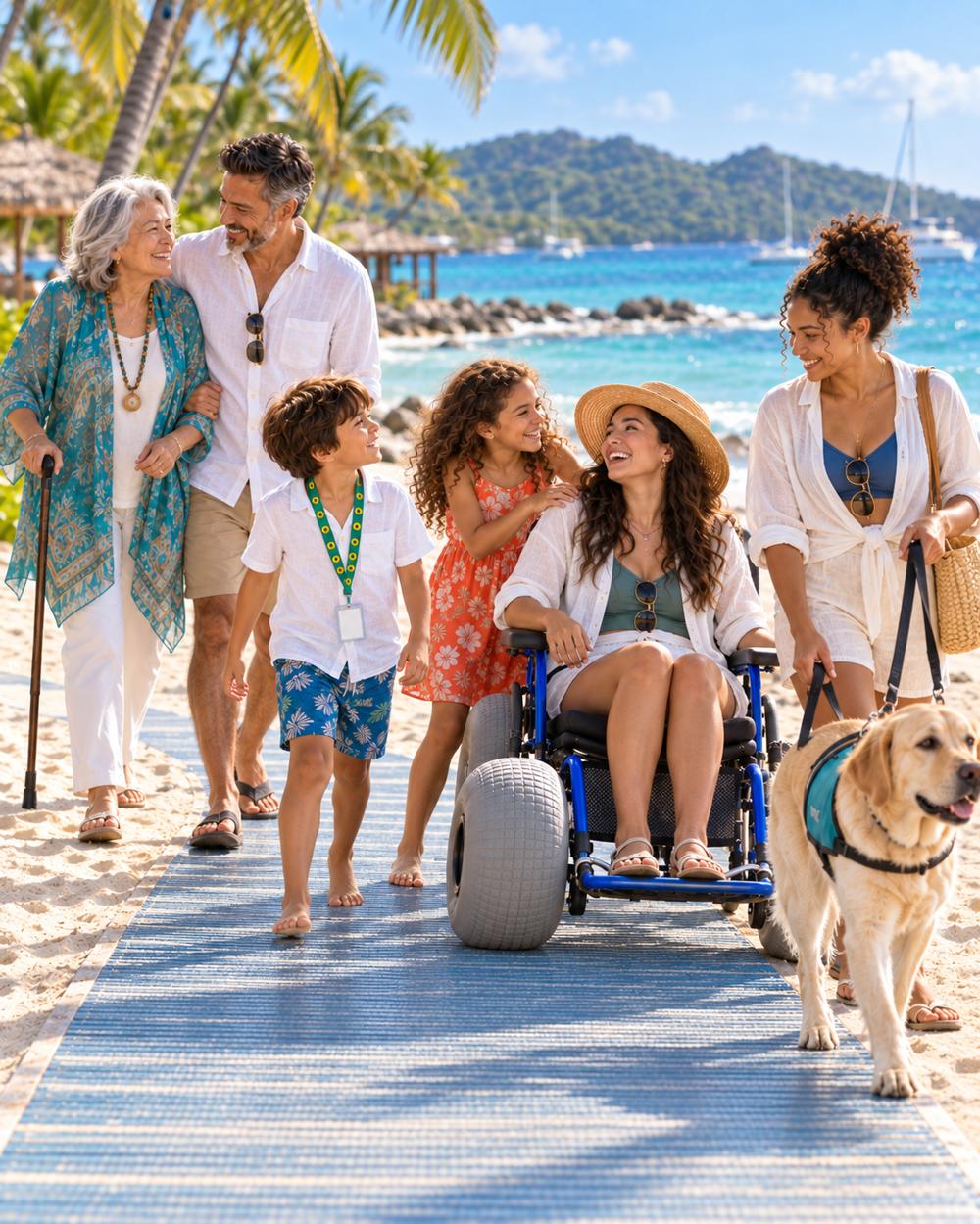 La misma familia disfrutando de una playa accesible con rampa, silla de ruedas de playa y su perro de servicio